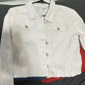 White jean jacket. Large, but fits like a medium.
